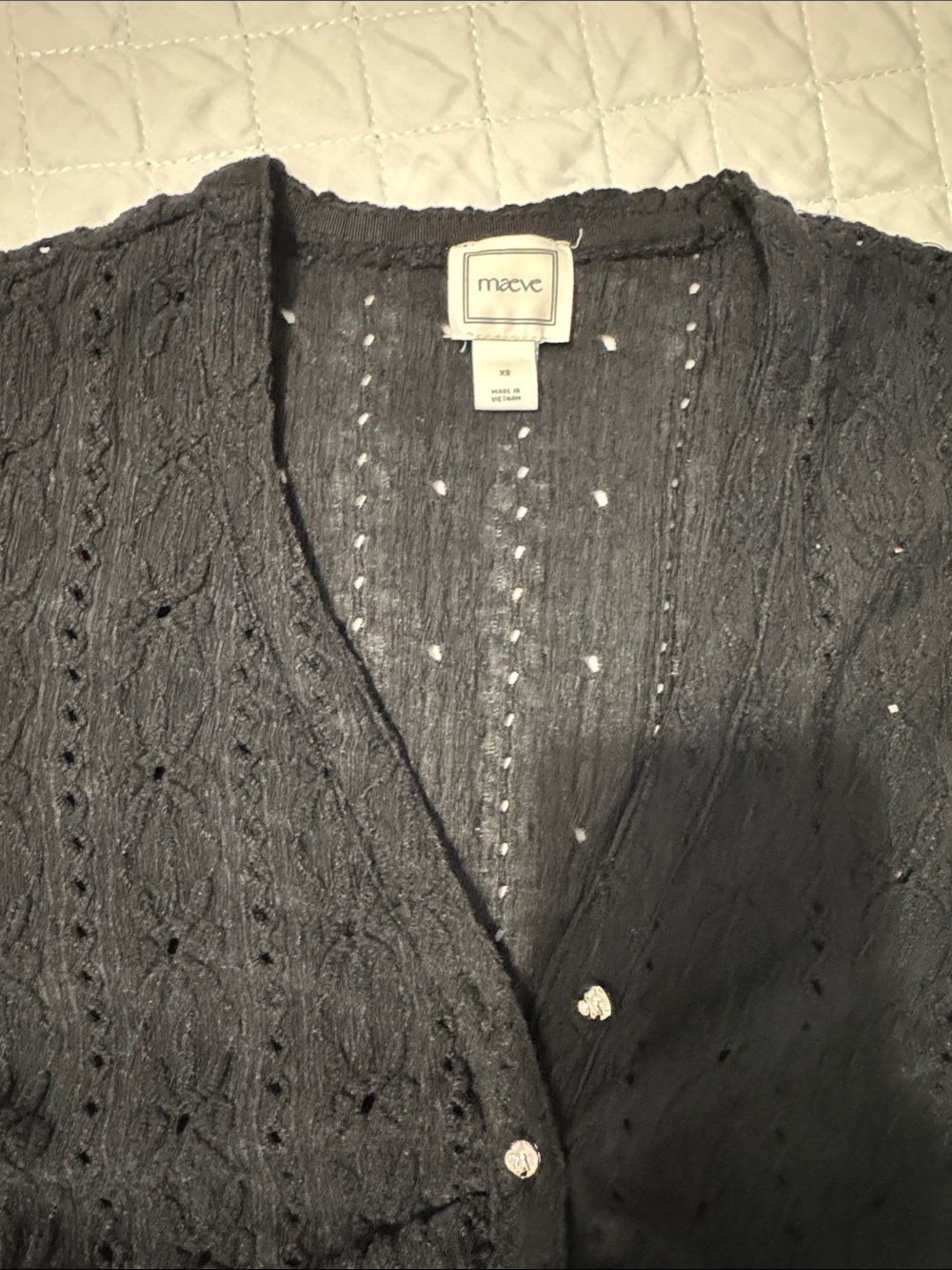 Maeve Black Open-Knit V-Neck Cardigan with Button Front
